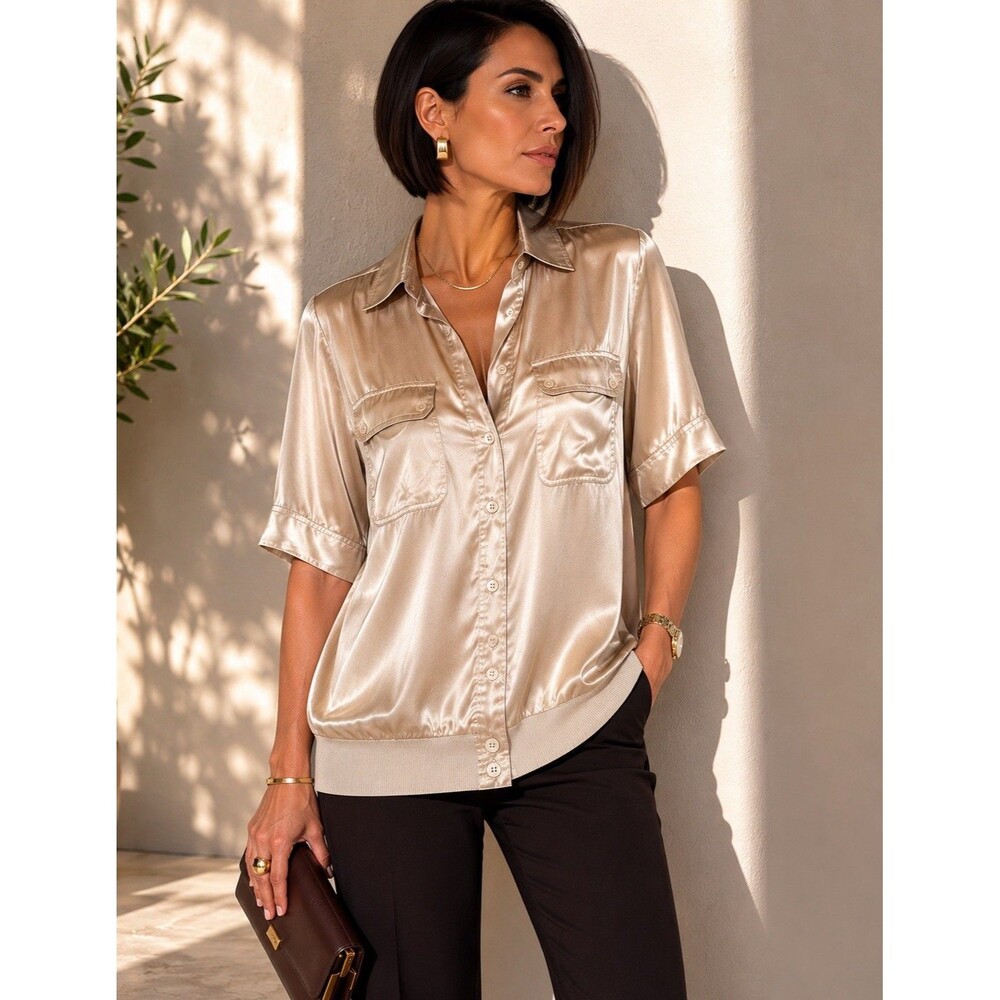 Banana Republic 100% Silk Beige Champagne Button Front Utility Blouse L